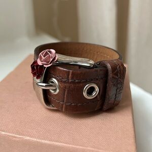 Miu Miu Brown Leather Bracelet with Pink Floral Detail and silver buckle